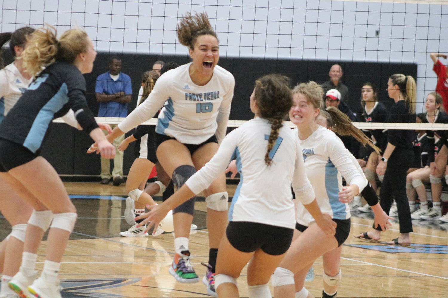 The Sharks celebrate after scoring the final point to beat Tallahassee Leon and advance to the Class 6A state semifinals. Ponte Vedra will play Viera in Fort Myers at 2 p.m. Nov. 13.